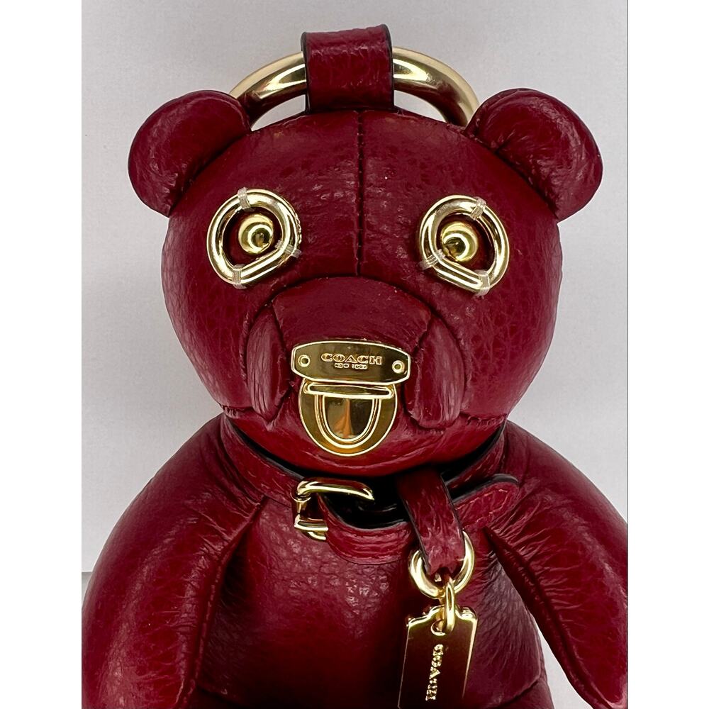 Coach CP369 Red Pebble Leather Bear Bag Charm Keychain Gold Tone Ring Fob - Picture 5 of 5